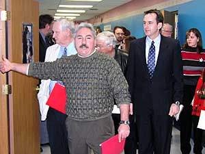 
Gov. Pawlenty was given a tour of the village of White Earth. It included a stop at the Circle of Life school, above, as well as housing neighborhoods and the Indian Health Service clinic. (MPR photo/Tom Robertson)