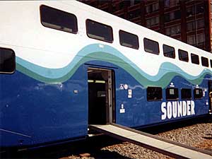 
The "Sounder" commuter rail car from Seattle is the same type that would be used on the Northstar rail line. Northstar officials used it to give a demonstration along the Northstar corridor from Minneapolis to St. Cloud early in 2002.  (MPR file photo)