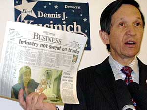 
Kucinich says opposes the North American Free Trade Agreement and "every trade agreement that works against the people of this country."  (MPR Photo/Bob Reha)