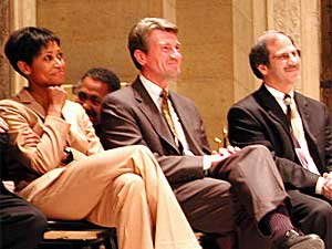 
Minneapolis Mayor R.T. Rybak, center, attended the ceremony along with Laysha Ward of the Target Corp., (left), and Phillip Davis, president of the Minneapolis Community and  Technical College.  (MPR Photo/Marisa Helms)