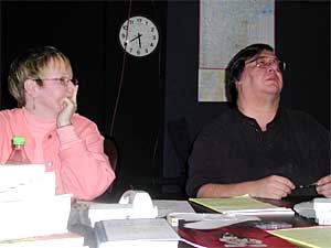 
Two team members handle the job of calling answers in to
the KVSC phone bank. 
 (MPR Photo/Annie Baxter)