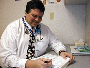 
Pediatrician Bill Rabe  says he's been overwhelmed by patients with mental health problems who can't find care elsewhere. He says parents are frustrated when they hear that he can't help them either.  (MPR Photo/Lorna Benson)