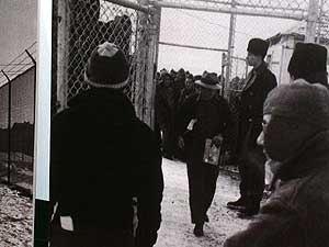 
The site of Fort Lincoln internment camp is now United 
Tribes Technical College. This picture is included in the Snow Country prison exhibit. (Photo courtesy of the North Dakota Museum of Art)