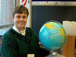 
Fourth grade teacher Kathy Melander asked for and received globes for her classroom.  Melander says she has spent $1,500 of her own money this year buying supplies for her students. (MPR Photo/ Mark Zdechlik)