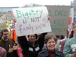 
Opponents of the same-sex marriage ban amendment rallied outside the Capitol, saying the proposal would discriminate against gays and lesbians. (MPR Photo/Laura McCallum)