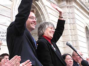 
Sen. Scott Dibble and Rep. Karen Clark, both DFLers from Minneapolis, are the only openly gay members of the Minnesota Legislature. They urged the crowd to get involved in supporting candidates who support their cause. (MPR Photo/Laura McCallum)