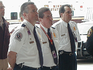 
TSA agents were among the law enforcement personnel represented when TSA acting Director David Stone stopped in the Twin Cities to mark the Department of Homeland Security's one year anniversary.  CAPPS II was not on the list of accomplishments. (MPR Photo/Jeff Horwich)