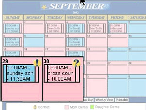 
Parents color code each parent's responsibility for each day's activities. (Courtesy of Our Family Wizard)