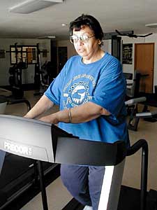 
Gail Hocking says she never used to exercise. But now she's a regular at the Red Lake Community Fitness Center. "I would just get so exhausted so fast, that, forget it. Exercise was not something I even took into consideration."
 (MPR Photo/Tom Robertson)