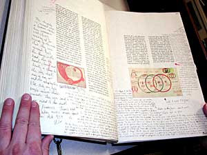
There is only one textbook for all the students in the class to share. It was designed to look as though it was created in the 12th century. The book is chained to a lectern in the student library.  (MPR Photo/Marisa Helms)