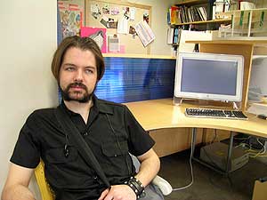 
MCAD student Mark Fox. Fox helped build a sound installation in the skyway which features recorded recitations of Nobel Laureate quotations. (Photo courtesy of Minneapolis College of Art and Design)