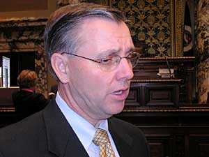 
Senate DFL Majority Leader Dean Johnson says it's appropriate for the Senate to scrutinize the governor's appointments. "That's the way it ought to be. It's not simply a rubber stamp," Johnson says. (MPR Photo/Laura McCallum)