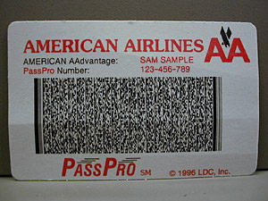 
This is a model of the type of "registered traveler" cards that might be issues by an airline to be compatible with the PassPro system. PassPro says the card enables a "one second check-in." (Neither American Airlines nor any other U.S. airline has yet officially committed to any particular registered traveler technology.) (MPR Photo/Jeff Horwich)