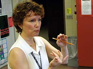 
Teacher JoEllen Ambrose says the Senate standards strike a better balance between factual knowledge, and the need for students to analyze information.
 (MPR Photo/Tim Pugmire)