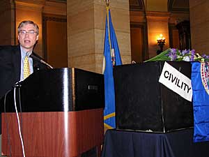 
the Independence Party leaders held a mock memorial service at the state Capitol on Monday "to mark the death of common sense and civility."
 (MPR Photo/Tom Scheck)