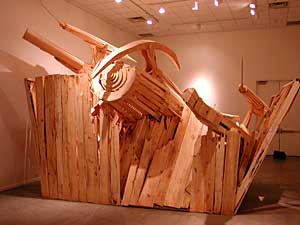 
The back of Chris Larson's crashing spaceship sculpture. Larson isn't sure what inspired the creation, but he says he's been thinking a lot about colliding worlds this past year. (MPR photo/Chris Roberts)