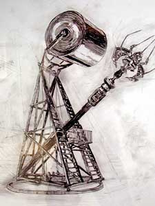 
A crazy machine from the imagination of Chris Larson. His show at Franklin Art Works contains five drawings of fantastical contraptions that look real, but have no apparent function. (MPR Photo/Chris Roberts)