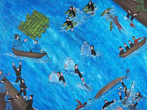 
Thao's description of his painting: To cross the river people blew up plastic bags or made bamboo rafts. Those that had money hired Thai boaters to take them across. After already receiving the payments, the boaters dump the boats in the middle of the river killing everyone while he swam to shore. Once across some of the people were forced by the Thai police to turn back to Laos. (#33, 2001, oil on canvas, Copyright Cy Thao, courtesy The Minneapolis Institute of Arts)