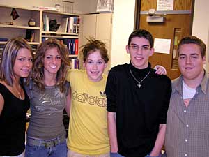 
These students in a Moorhead High School health class say Ann Buchanan's talk made a big impression on them. They realize binge drinking could be fatal. (left to right) Jaymie Janish, Sara Enns, Jen Bylund, Adam Gangl, Joel Farner. (MPR Photo/Bob Reha)