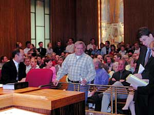 
It was standing room only at the St. Paul City Council meeting, as opponents and supporters of the smoking ban proposal came to argue their side of the issue. (MPR Photo/William Wilcoxen)