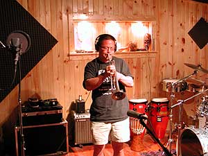 
Trumpet player Stephen Kung records a track for the new CD. (Image courtesy Matt Hupton)