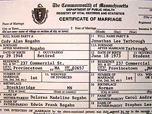 
John Yarbrough and Cody Rogahn's Massachusetts marriage license.  (MPR Photo/Tim Post)