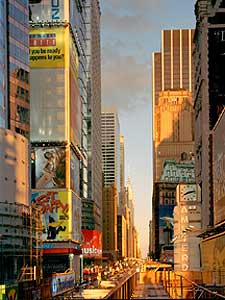 
'Looking East, 42nd Street, October, 2002'  Robert Polidori uses a large format camera, but when his pictures appear in magazines they are often just a few inches across. In the exhibition this picture is this image is fifty inches tall by forty inches wide. Polidori shot it on one of the few days each year when the sun shines directly down 42nd Street giving it a golden glow. (Image courtesy Robert Polidori)