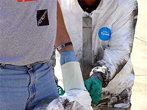 
Minnesota police officers are trained by the Drug Enforcement Agency and the Bureau of Criminal Apprehension on how to safely clean up a meth lab.  Because of the caustic chemicals involved, any exposure to a meth lab can be dangerous.  (MPR Photo/Tim Post)
