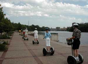 
The Segway is a complex bundle of hardware and software that mimics the human body's ability to maintain its balance. It can carry the average rider for a full day, nonstop, on only five cents' worth of electricity. (Nikki Tundel)