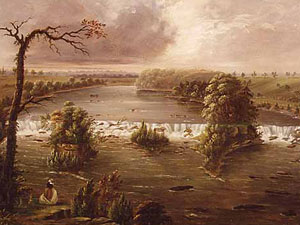 
Henry Lewis painted this view of St. Anthony Falls between 1848 and 1849. Minneapolis was settled in the 1850s. (Painting by Henry Lewis/MN Historical Society Collection)