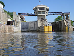 
Lock and Dam 1 is the first of three locks that allow navigation through the Mississippi River gorge to Minneapolis. (MPR Photo/Lorna Benson)