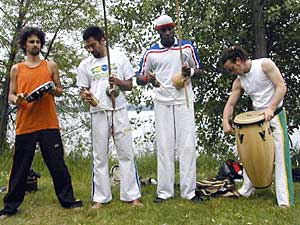 
The traditional instruments that accompany capoeira. (MPR Photo/Annie Feidt)