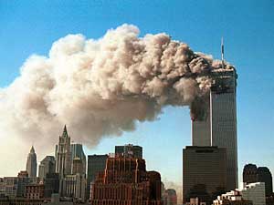 
The World Trade Center towers after they were attacked on Sept. 11, 2001. (Photo by Robert Giroux/Getty Images)