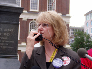 
State Rep. Mary Ellen Otremba of Long Prairie has consistently oppposed abortion during her legislative career, and she spoke to a streetside rally organized by the group Democrats for Life outside Boston's Faneuil Hall. (MPR Photo/Michael Khoo)