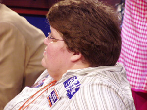 
Delegate Megan Thomas is a board member for the National Stonewall Democrats, which supports gay and lesbian rights. She says she and others can't afford to be distracted by single issues. "I have what I call the gay pothole theory," she says. "Even though I'm gay, the potholes I hit aren't gay. I still need them to be filled." (MPR Photo/Michael Khoo)