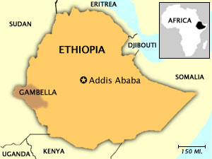 
A map of Ethiopia, highlighting the eastern state of Gambella, where the Anuak people live. They claim the Ethiopian government is driving them from their homeland. (MPR graphic/Andris Straumanis)
