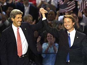 
Kerry was joined by his running mate, Sen. John Edwards, on stage after his speech. The two launch a 21-state campaign tour Friday. (Photo by PAUL J. RICHARDS/AFP/Getty Images)