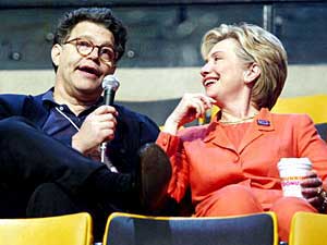 
Radio talk show host and comedian Al Franken interviews U.S. Sen. Hillary Rodham Clinton during the Democratic National Convention. (Photo by Mario Tama/Getty Images)