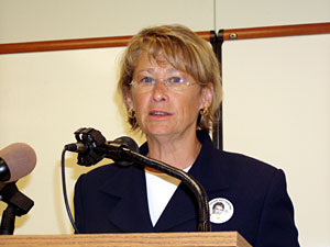 
DFL challenger Patty Wetterling says Kennedy votes the Republican Party line too often to represent the independent-minded voters of the 6th District.   (MPR Photo/Tom Scheck)