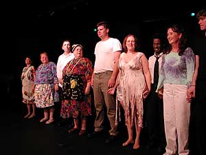 
The Corcoran Park Players take a bow at the Fringe. Lynn Cross says their production, "Alien Potluck" is vintage Fringe and she worries about the festival's creeping professionalism. (MPR photo/Chris Roberts)