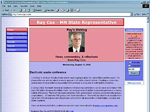 
Rep. Ray Cox's campaign Web site highlights his blog. The site is similar to his challenger David Bly's home page. (Image from Ray Cox's Web site)