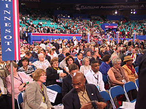 
The Minnesota delegation settled in on Monday, listening to speeches from candidates for lower offices around the country. (MPR Photo/Bob Collins)