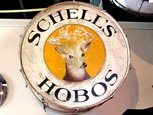 
A bass drum used years ago by the Hobo Band. Schell's has sponsored the band for about 50 years. (MPR Photo/Mark Steil)
