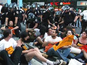 
Protesters staging a sit-in in Herald Square got arrested in New York City. More than 260 people were arrested Tuesday, as protesters staged a variety of activities near the site of the Republican National Convention. 
 (Photo by Kathleen Voege/Getty Images)