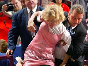 
Members of security remove a protester from the crowd in Madison Square Garden Wednesday night, during the Republican National Convention.  (Photo by Justin Sullivan/Getty Images)