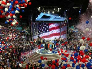 
Thousands of red, white and blue
balloons floated down from the ceiling, mixing with confetti and
colored streamers in a made-for-television spectacle.
 (Photo by Alex Wong/Getty Images)