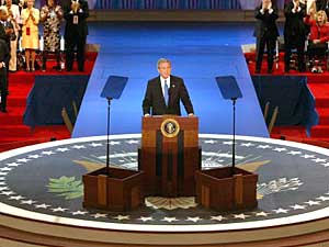 
President Bush spoke from a custom-made, theater-in-the-round style podium at Madison Square Garden. (Photo by Alex Wong/Getty Images)