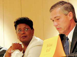 
St. Paul Superintendent Pat Harvey, left, and Alexandria Superintendent Ric Dressen, both say the state's funding of public schools is inadequate.  (MPR Photo/Tim Pugmire)