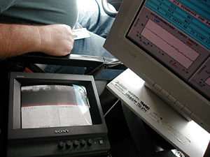 
Monitors in MnDOT's van reveal the problem with many of Minnesota's roads. (MPR Photo/Dan Olson)