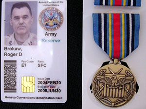 
Roger Brokaw's Geneva Conventions Identification Card and his Iraq service medal.  (MPR Photo/Lorna Benson)